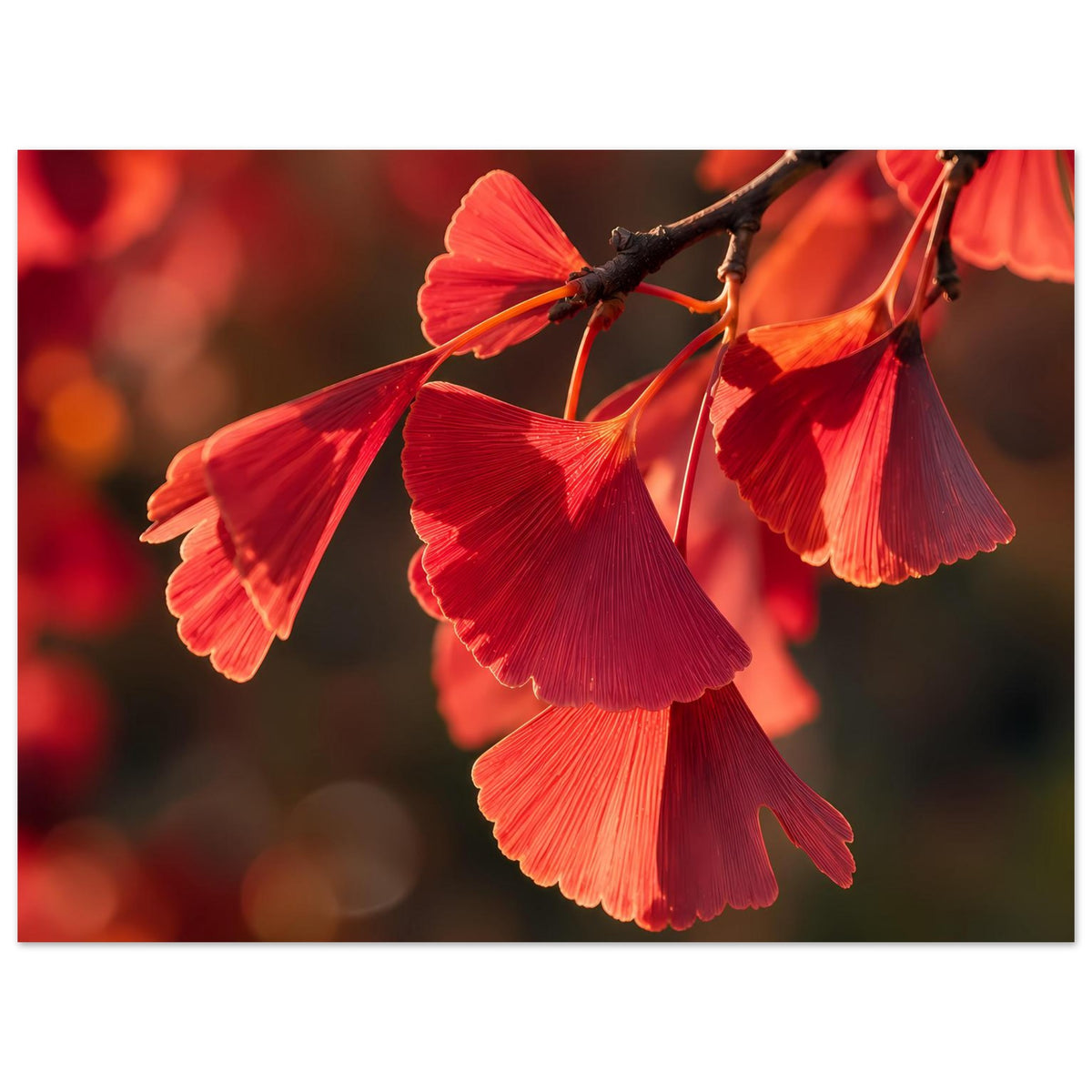 Premium-Mattposter mit roten Ginkgo-Blättern am Ast, horizontales Motiv
