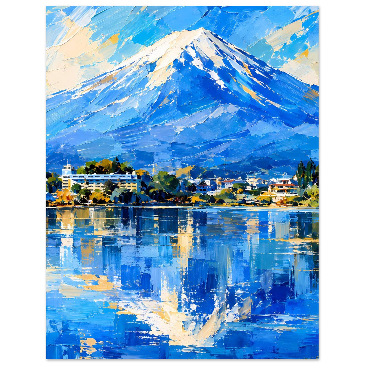 Vertikales Poster: blauer Berg mit schneebedecktem Gipfel, See mit Spiegelung