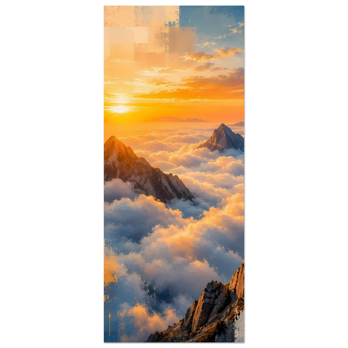 Vertikales Wandposter mit Sonnenaufgang, Berggipfeln und Wolken, orangefarbene Lichtspur