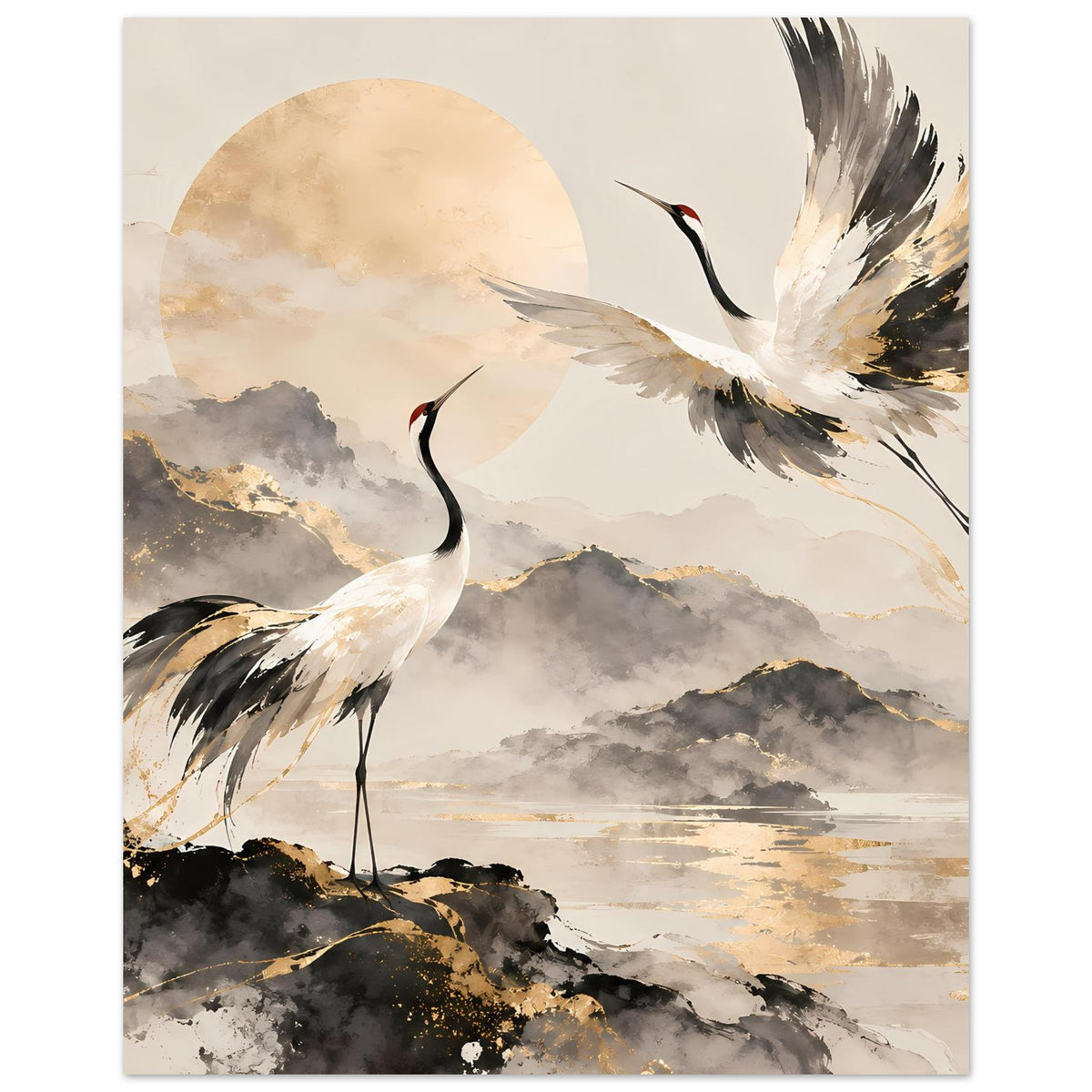 Poster mit Kranichen: einer vorn stehend, einer rechts im Flug; goldener Hintergrundkreis