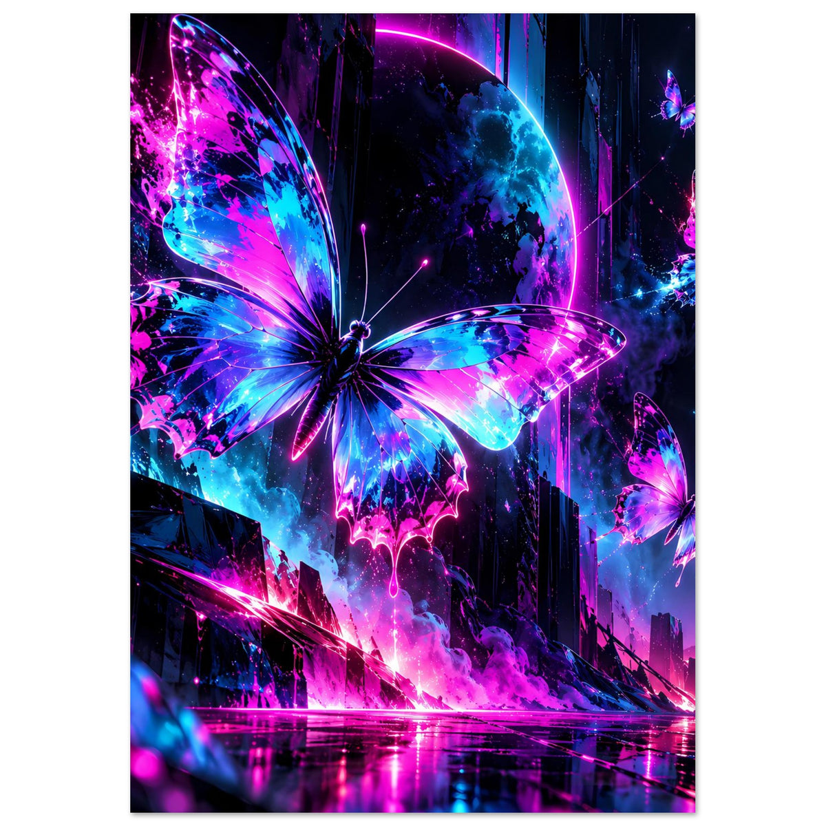Neon-Schmetterlings-Poster im Hochformat mit großem zentralen Falter und leuchtenden Farben
