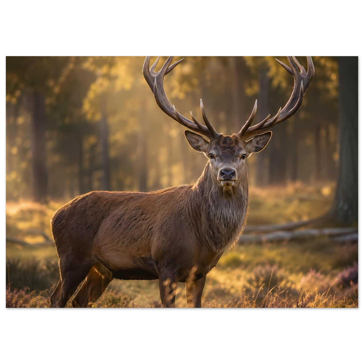 Hirschposter mit braunem Hirsch im Fokus, Geweihstangen nach oben ragen