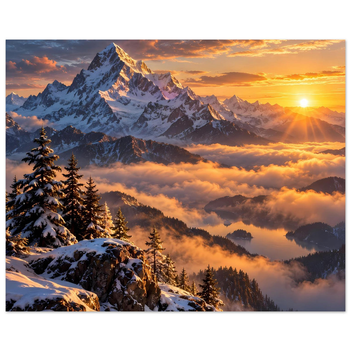 Poster mit schneebedeckten Gipfeln, Tannenwald und orange-gelber Sonne über Wolken