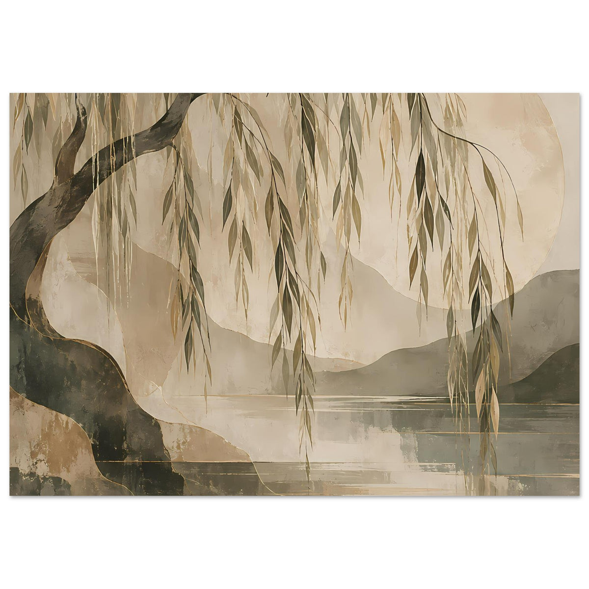 Kunstdruck mit Trauerweidenzweigen und Seehorizont, kombiniert mit dunklen Hügeln