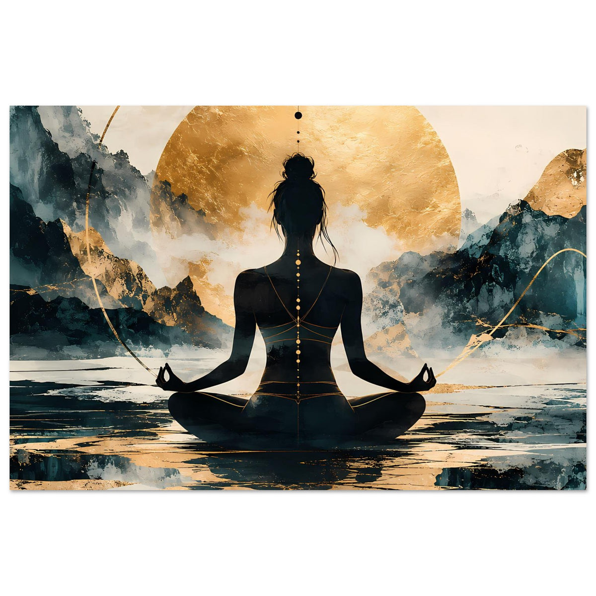Querformat Poster mit Meditationssilhouette, goldener Kreisform und mystischer Bergkulisse