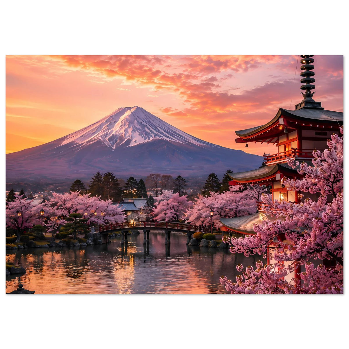 Poster mit Berg Fuji, Kirschblüten, Pagode und Wasser bei farbigem Sonnenuntergang
