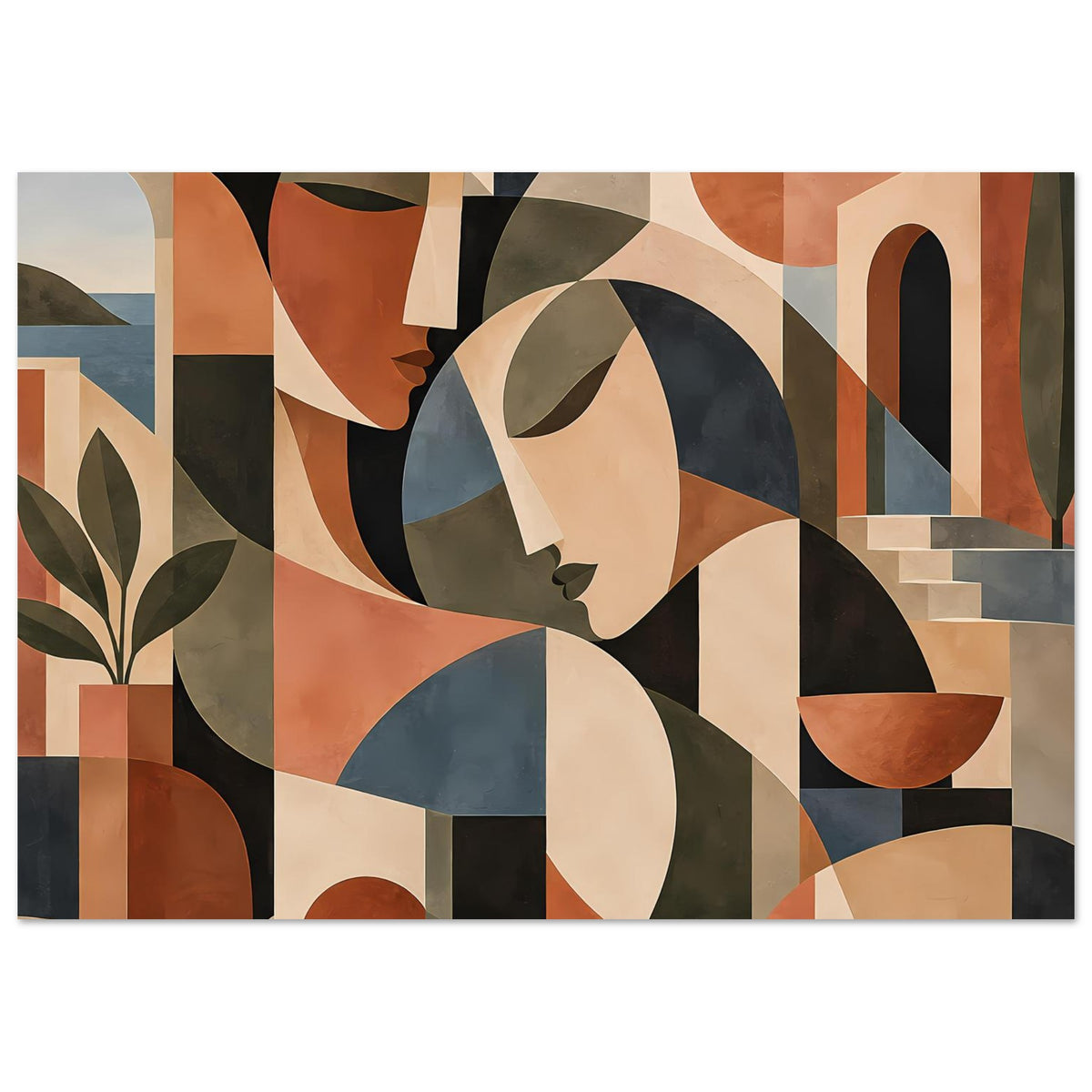 Horizontales Kunstposter mit abstrakten Gesichtern, geometrische Segmente in warmen Erdtönen