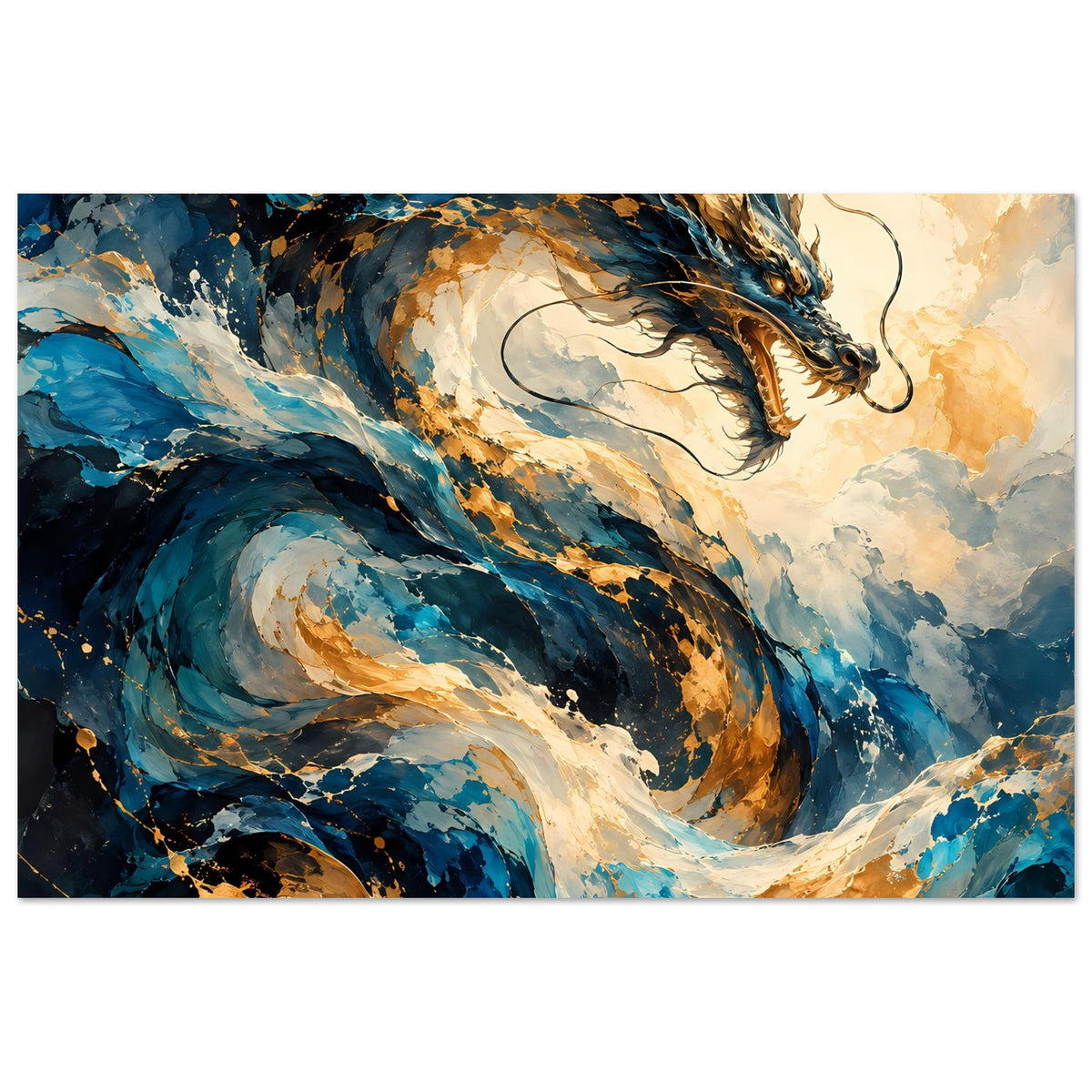 Fantasy-Drachenposter, Drache im Flug mit goldenen Spritzern, überwiegend in Blau