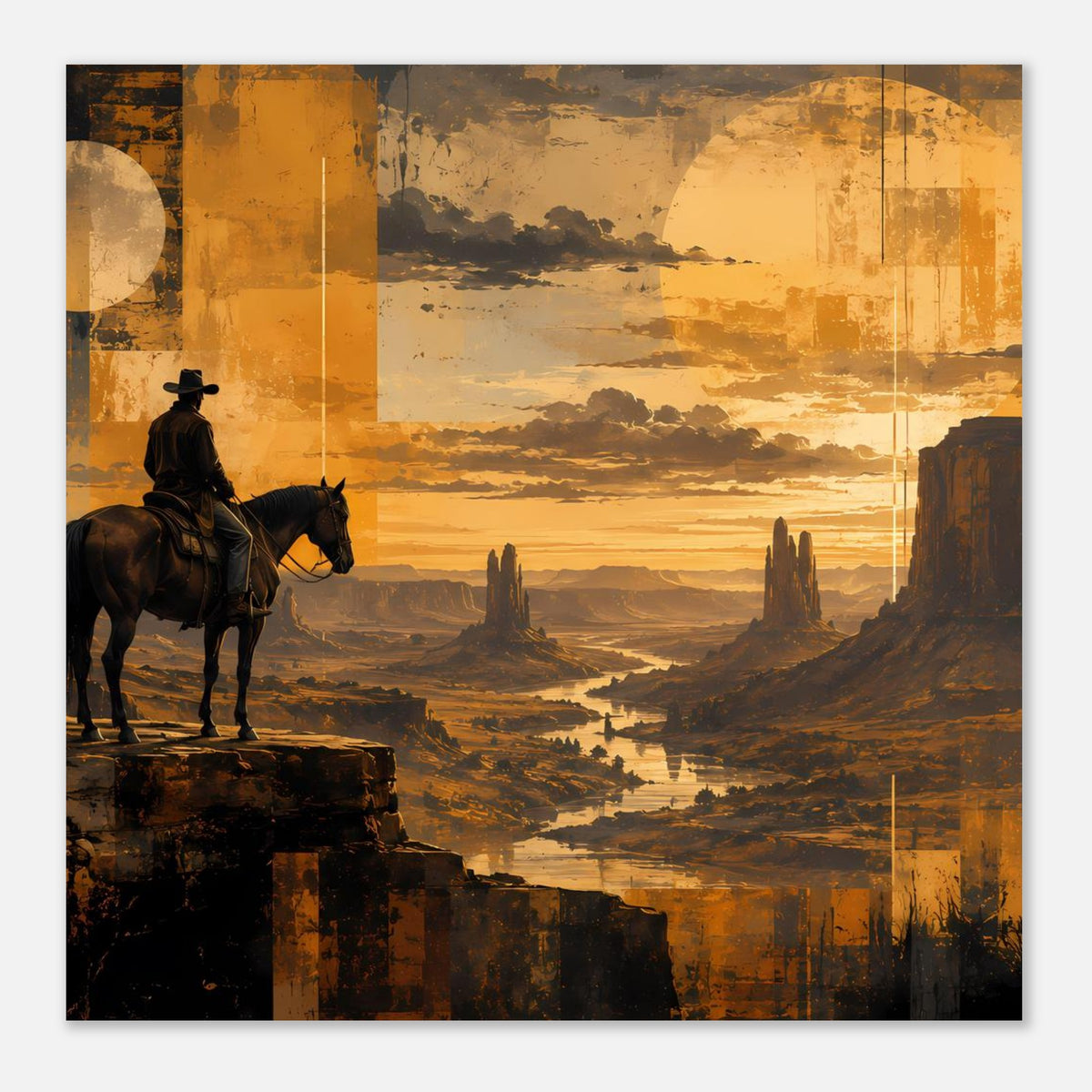 Quadratisches Poster mit Cowboy auf Pferd links, Wüstenlandschaft und Sonnenuntergang