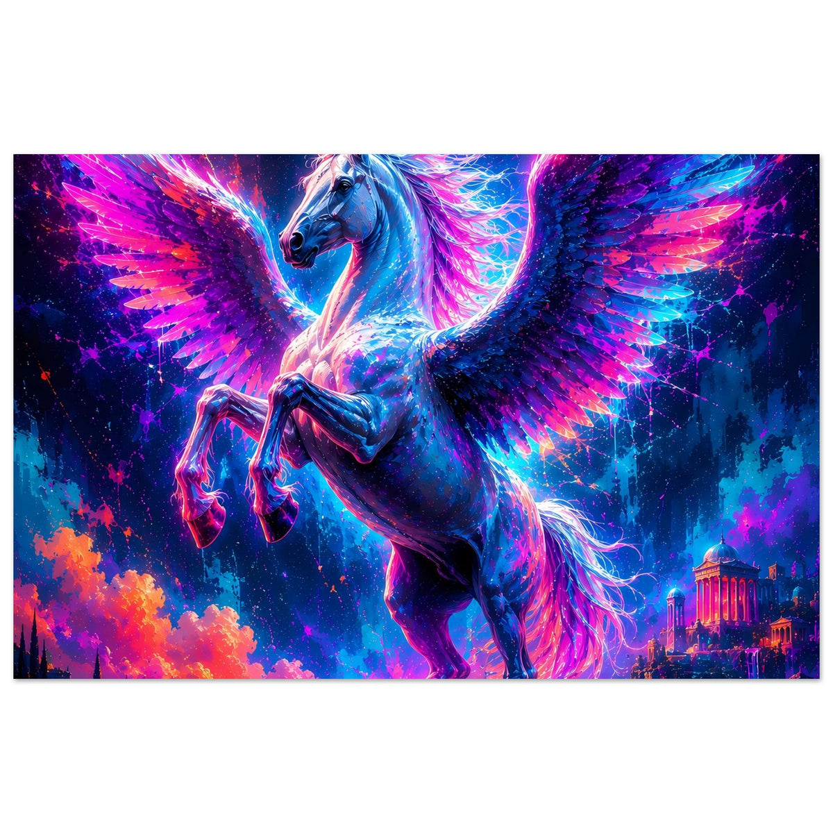 Leuchtendes Pegasus-Poster: blauer Pegasus mit Neon-Umrissen und leuchtenden Flügeln