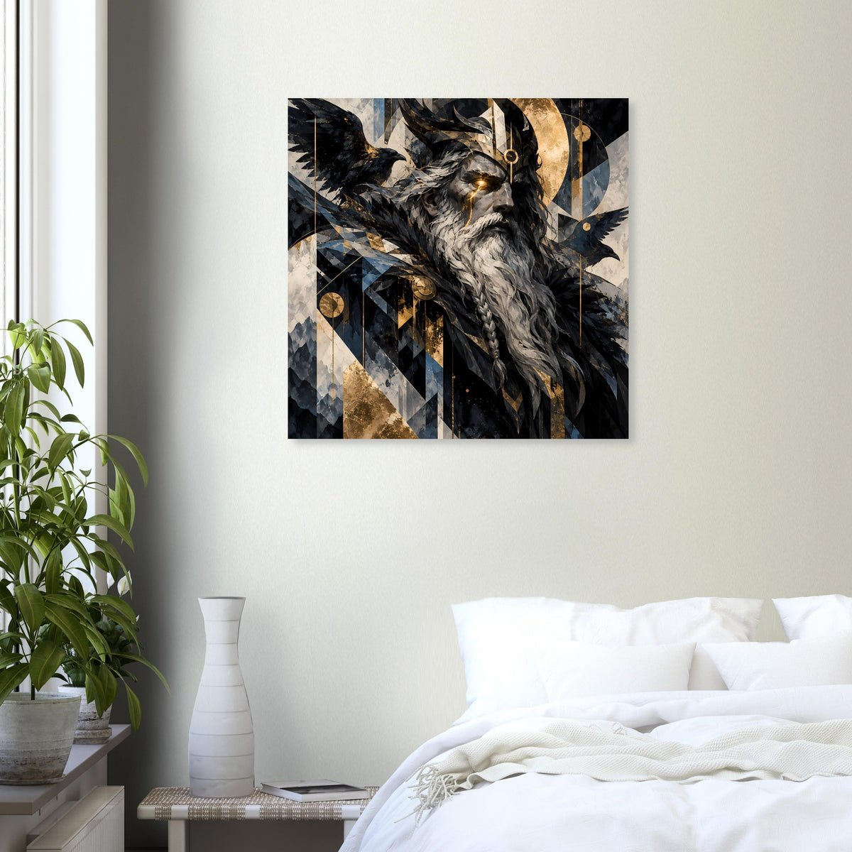 Quadratisches Poster mit Norse-Gott-Illustration, Gold- und Blaumuster auf Dunkelgrund.