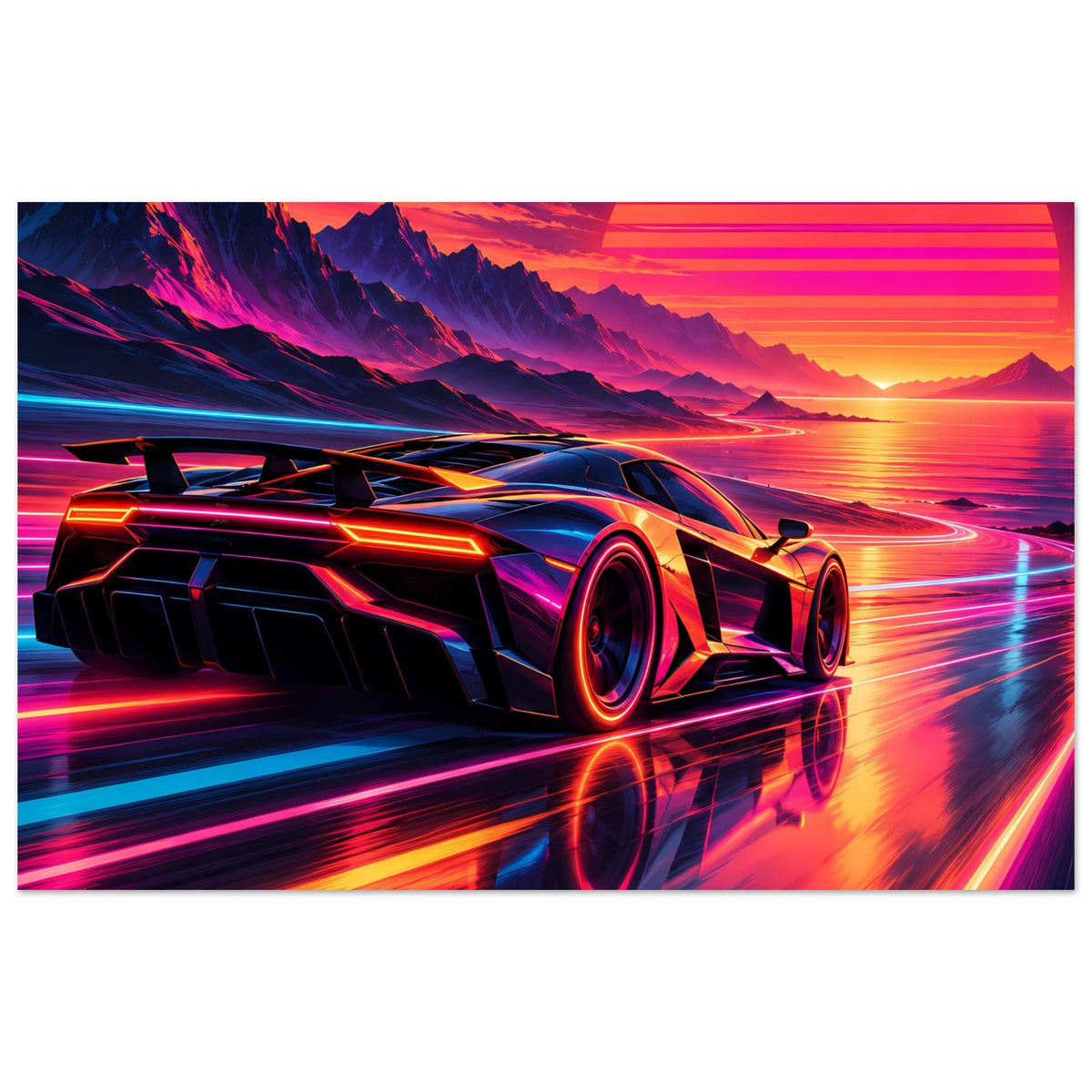 Neonfarbiges Supercar-Poster mit Seitenansicht des Sportwagens und Reflexionen der Lichter