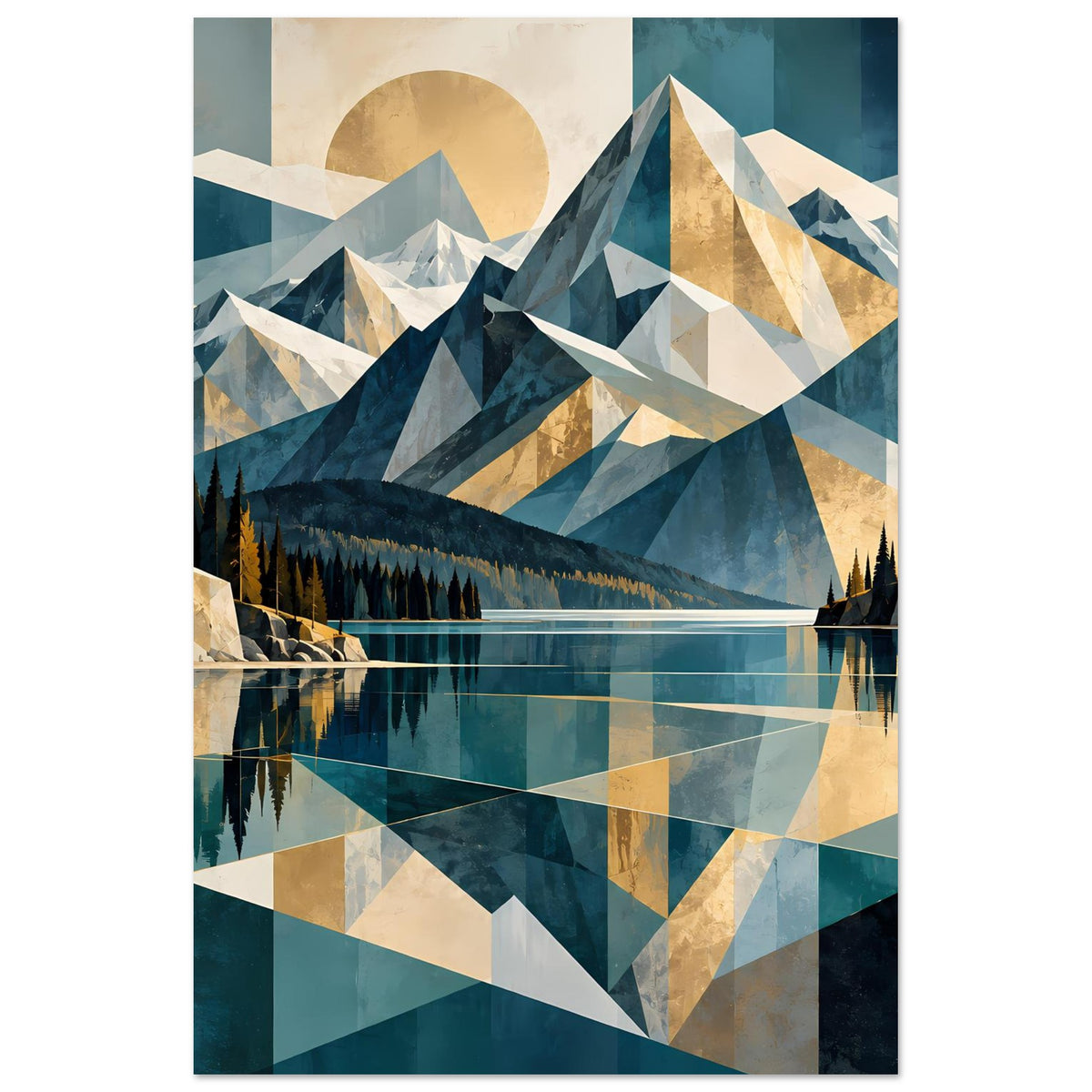 Vertikales Poster mit geometrischer Landschaft: Berge, See mit Spiegelung und goldene Akzente