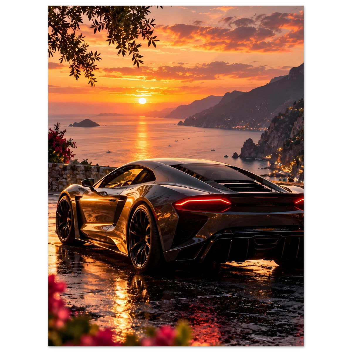 Poster mit silbernem Sportwagen im Frontblick, roten Rücklichtern bei Sonnenuntergang