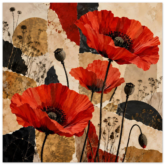 Abstraktes Blumenposter mit roten Mohnblumen, schwarzen Stielen und Samenknospen auf Goldtönen