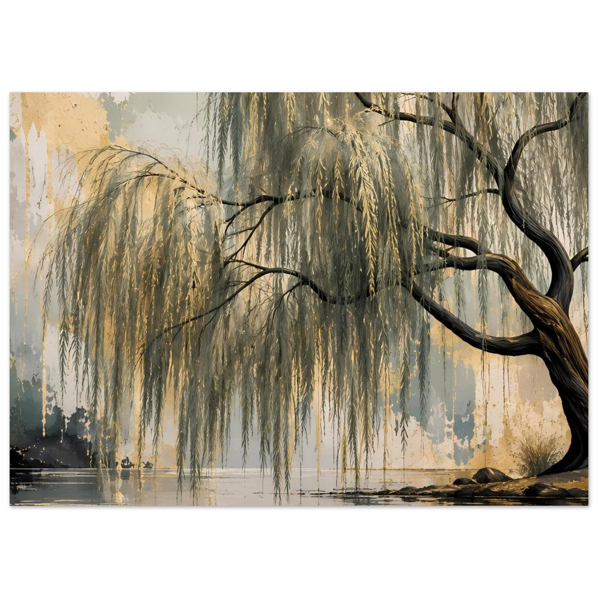 Weidenbaum-Poster mit Baumstamm rechts, langen hängenden Zweigen und spiegelndem Wasser