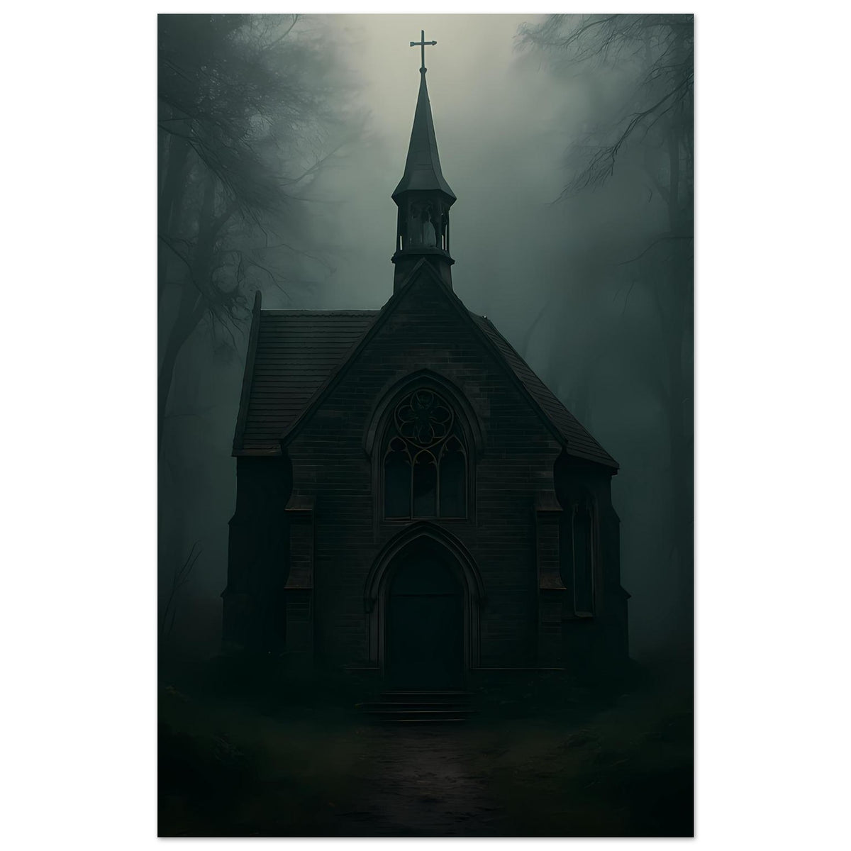 Hochformat-Poster mit dunkler Kapelle, Turmkreuz und Giebelfenster im Nebel