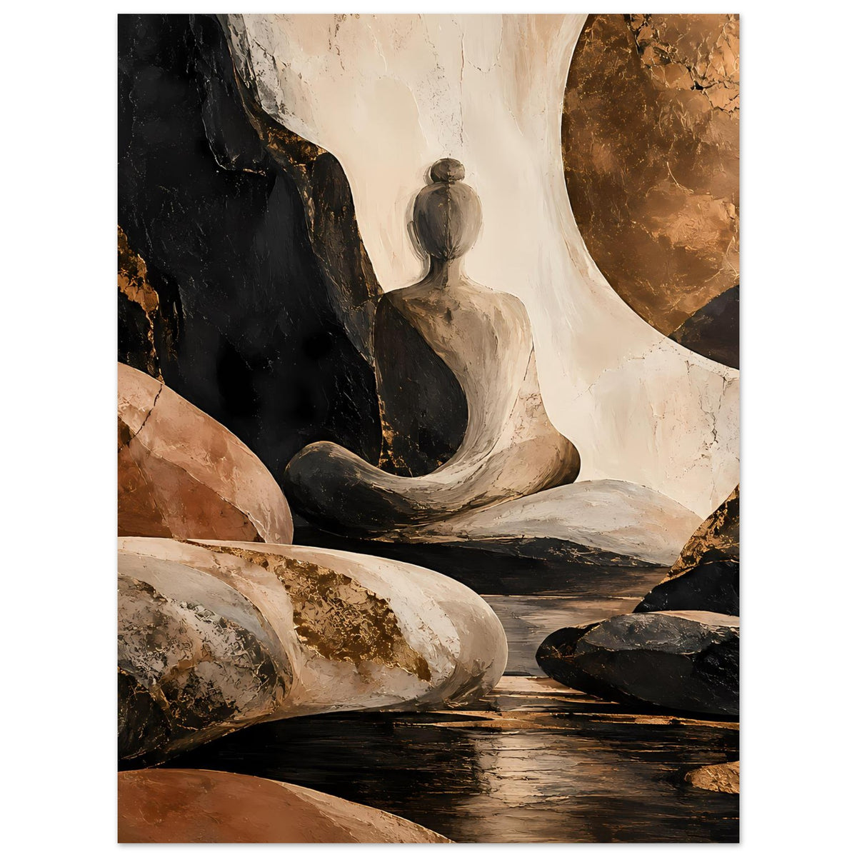 Meditatives Abstract-Poster, zentrale Figur im Sitzen, beige, rostbraun und schwarz, matt