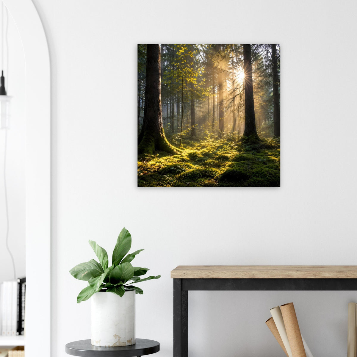 Quadratisches Poster mit Sonnenstrahlen im Wald und leuchtendem Grün am Boden