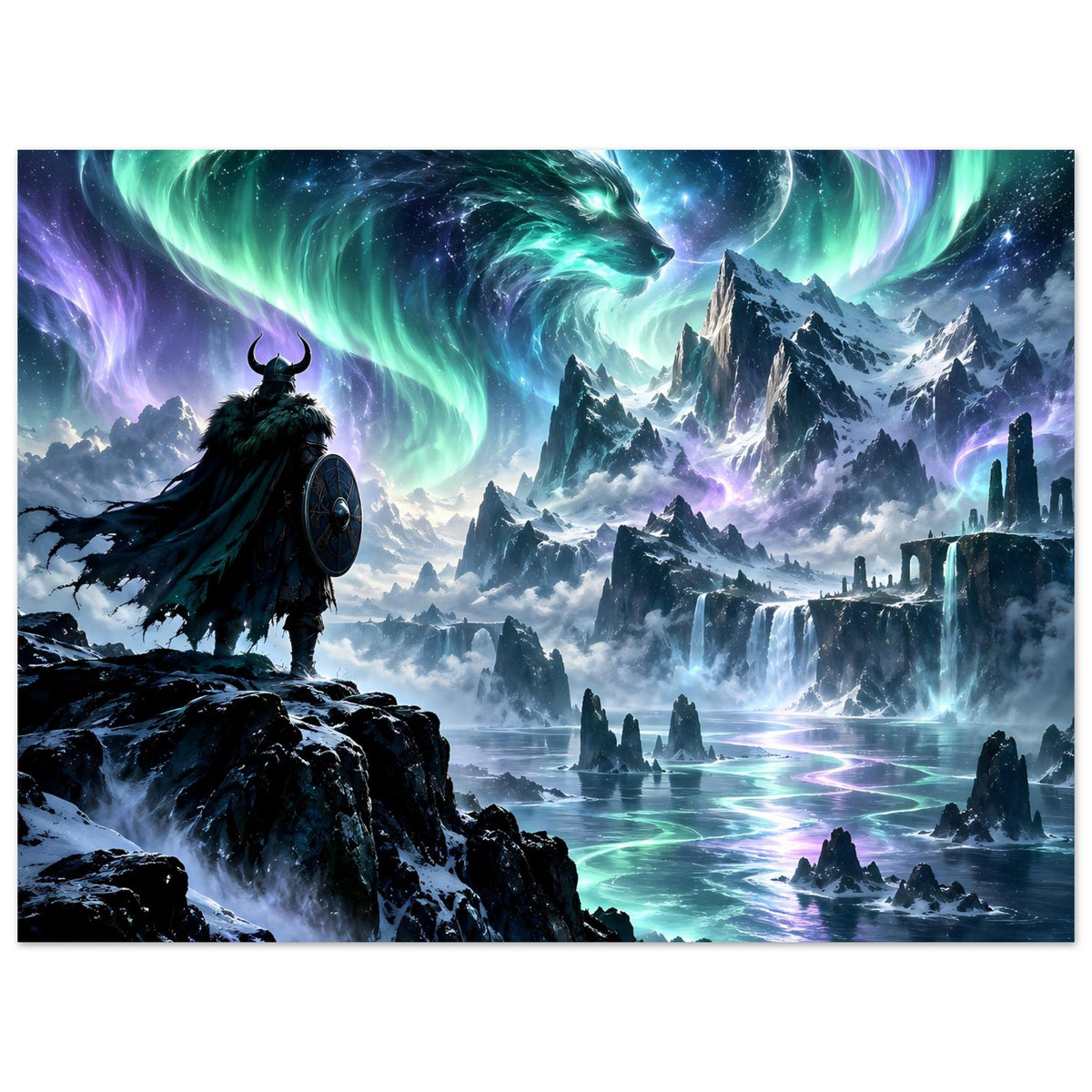 Fantasy-Poster Nahansicht: Krieger im Umhang, Drachenkopf und Polarlicht über schneebedeckten Bergen