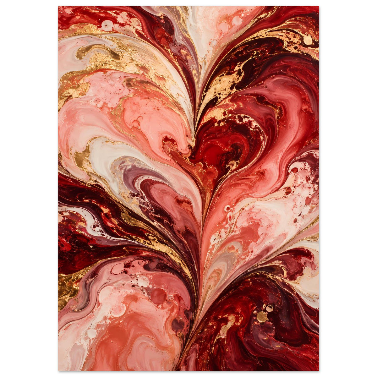 Liebesposter: abstraktes Herz in Rot, Rosa und Gold, wellige Marmoroptik