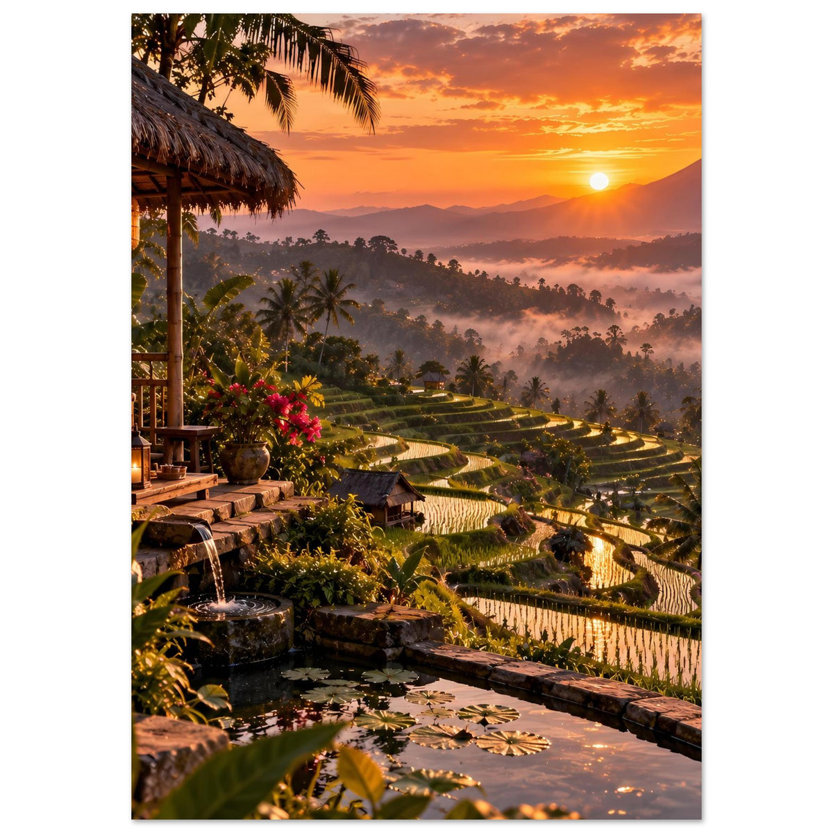 Poster mit Aussicht auf Reisterrassen: Palmen, Lodge mit Strohdach, Laterne und Gartenpfad