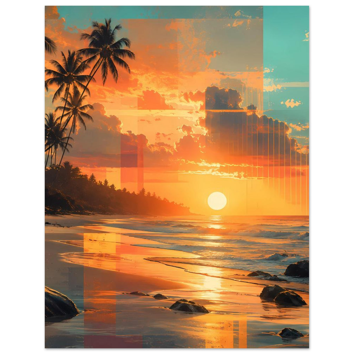 Vertikales Strandposter mit Palmen, orangefarbenen Wolken und warmem Sonnenlicht
