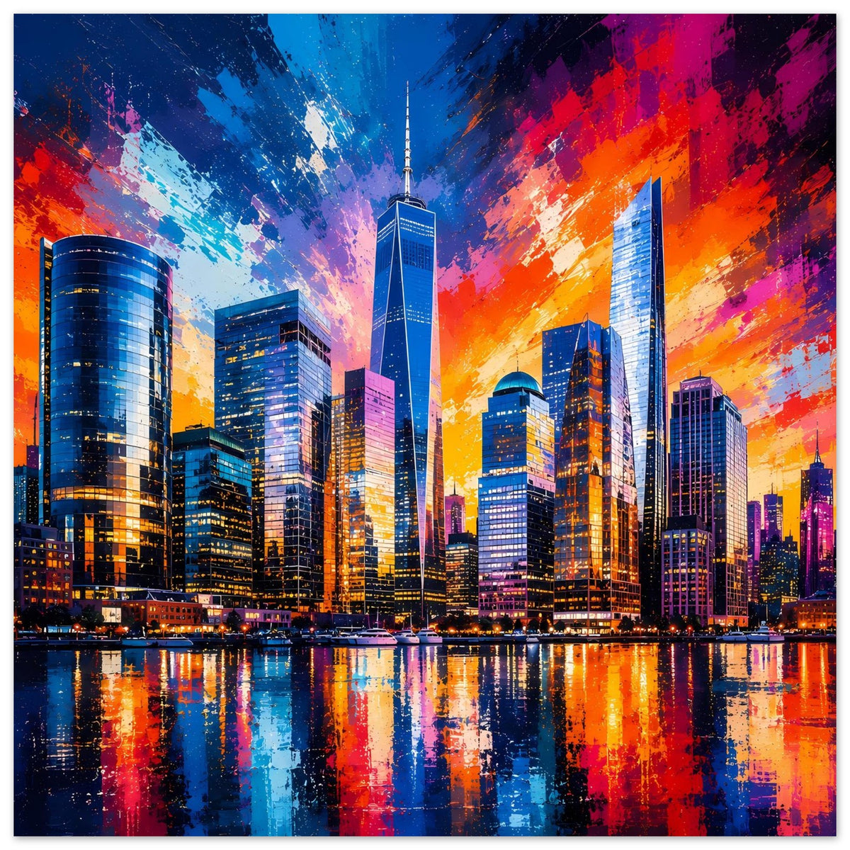 Poster mit farbiger Skyline über Wasser, leuchtende Wolkenkratzer und bunte Reflexion
