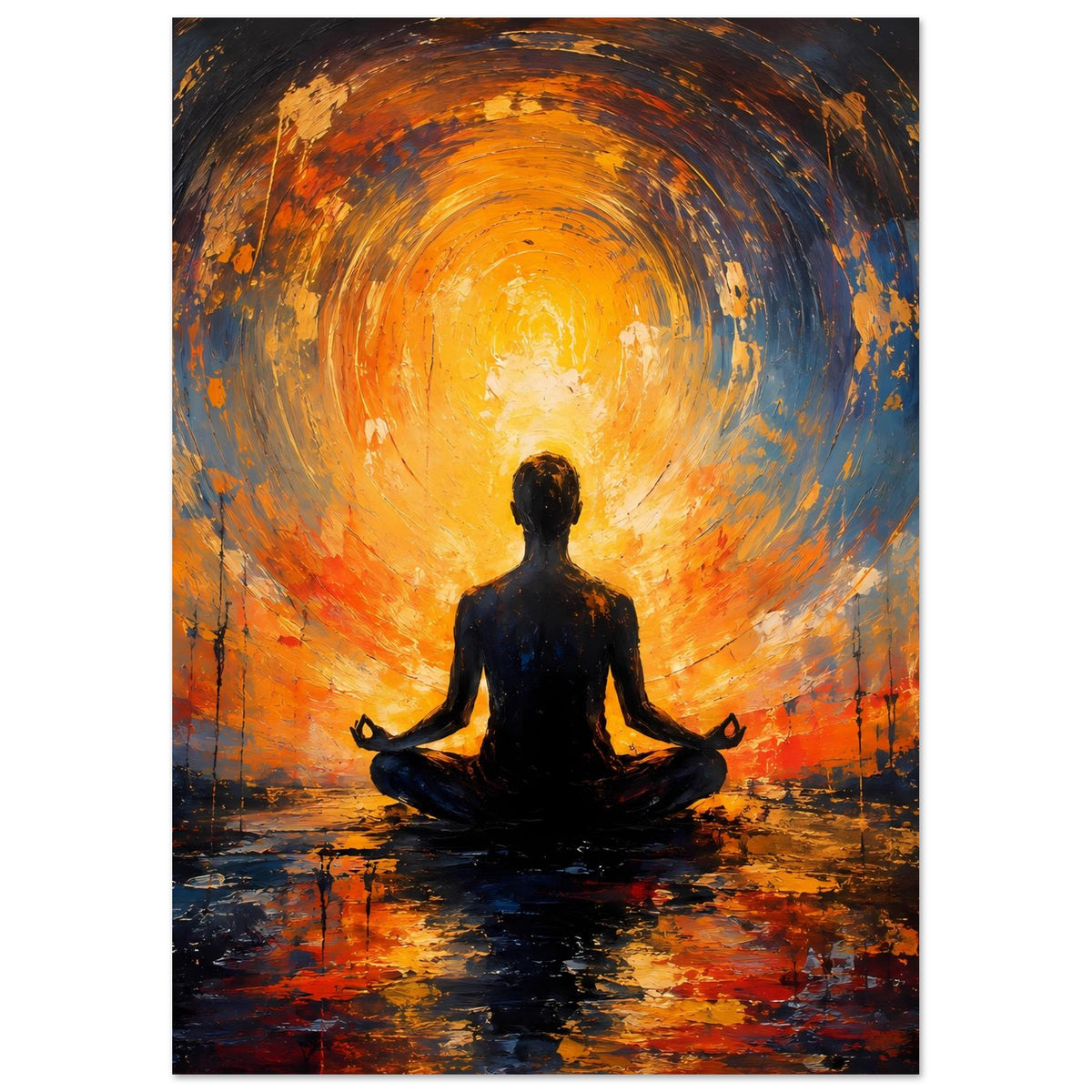 Abstraktes Poster mit dunkler Meditationsfigur und orange-blauem Wirbellicht