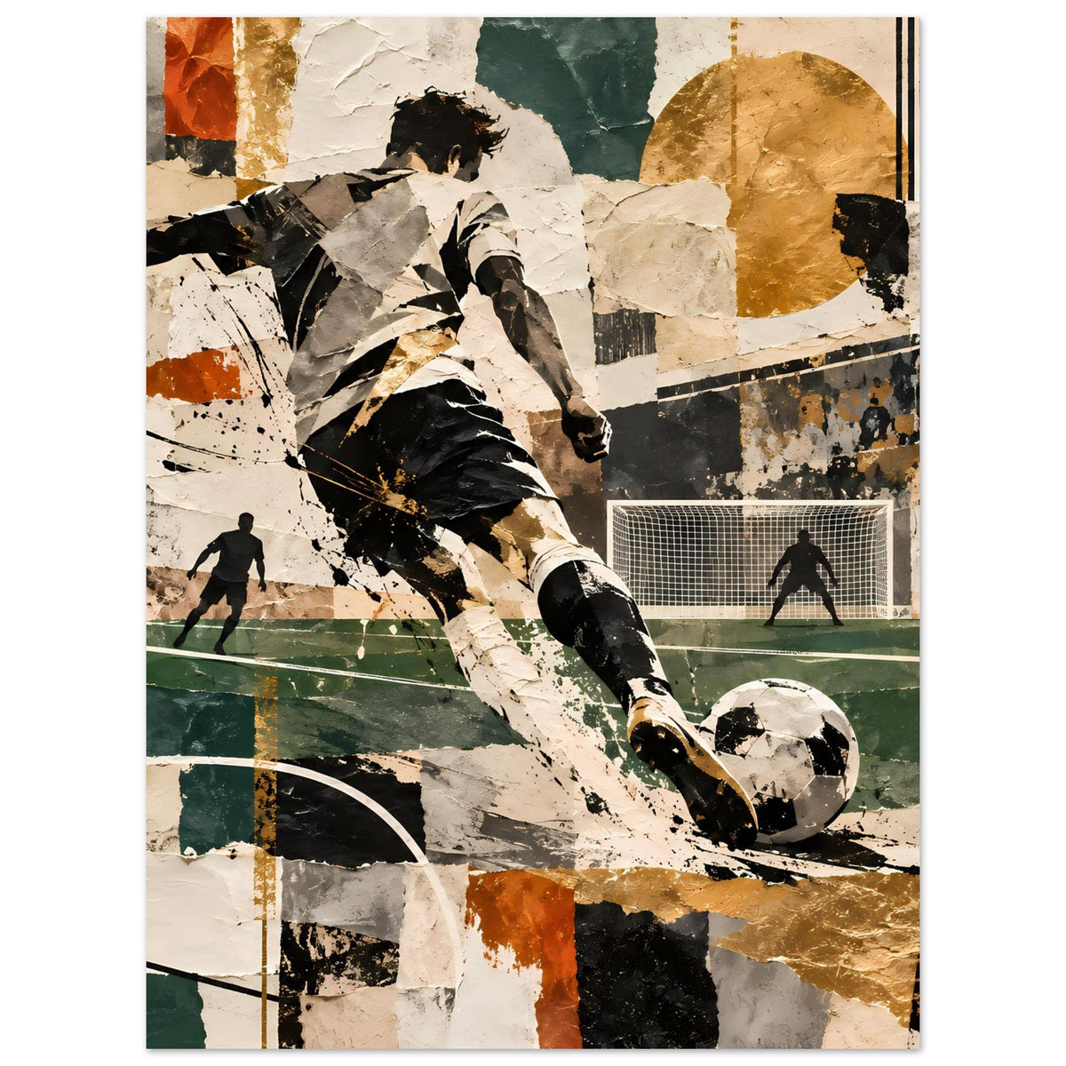 Vertikales Kunstposter mit abstraktem Fußballspieler im Sprung und Ball, schwarz-weiß-gold, Holzrahmen