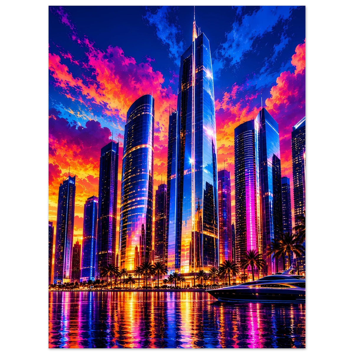 Stadt-Skyline-Poster im Hochformat: leuchtende Wolkenkratzer, Sonnenuntergang, Reflexionen im Wasser