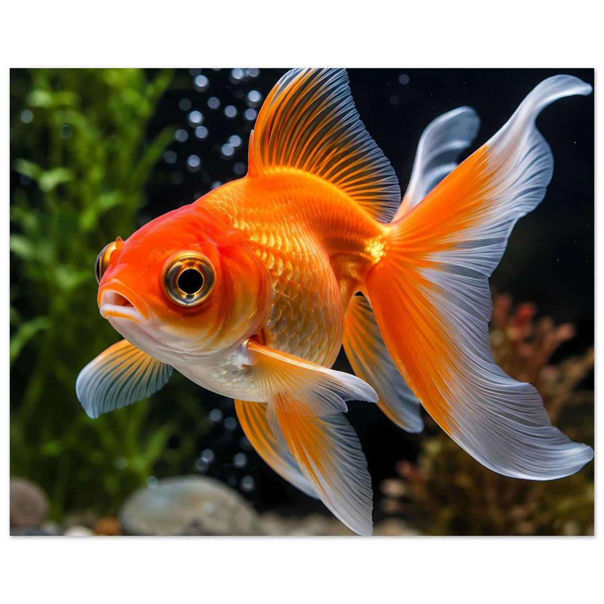 Goldfisch-Poster mit orangefarbenem Fisch und weißen Flossen, nah und detailreich.