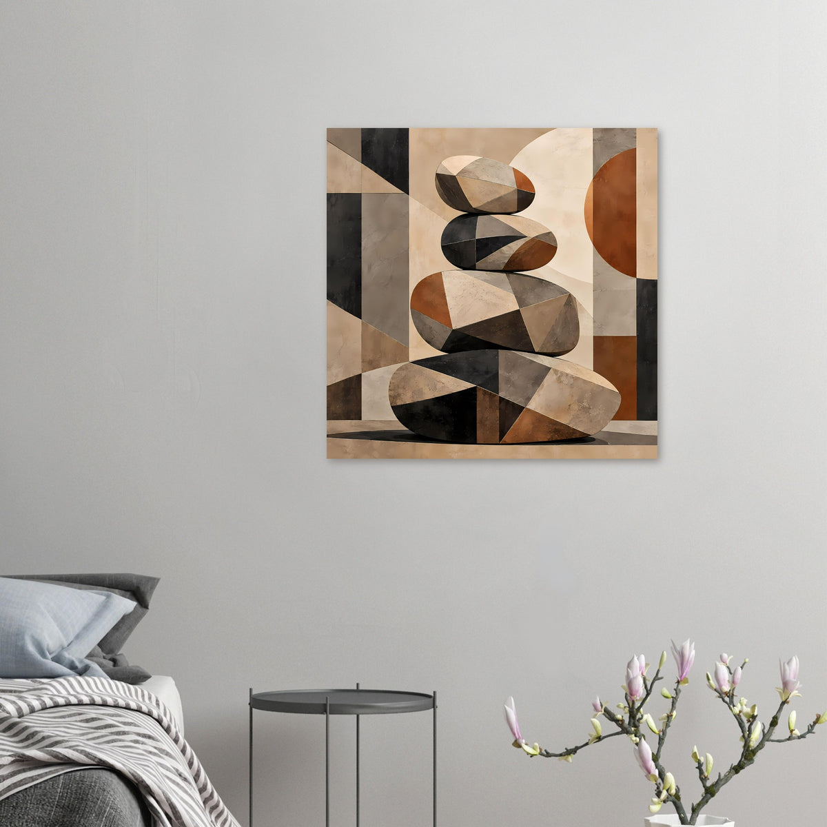 Abstraktes Zen-Poster im Quadrat mit kleinen Steinstapel-Formen in Braun, Beige und Grau