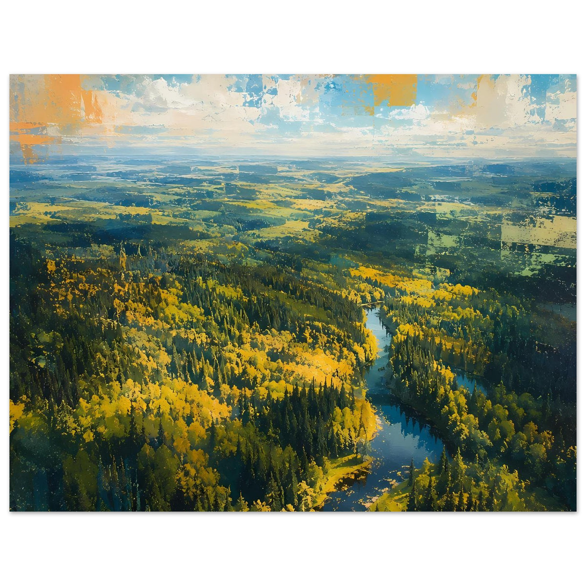 Premium-Poster im Querformat: Herbstwald mit Fluss, weites Landschaftspanorama