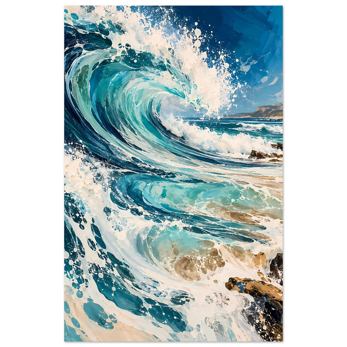 Ozean-Wellenposter im Querformat: große Welle mit weißem Schaum und Küstenfelsen