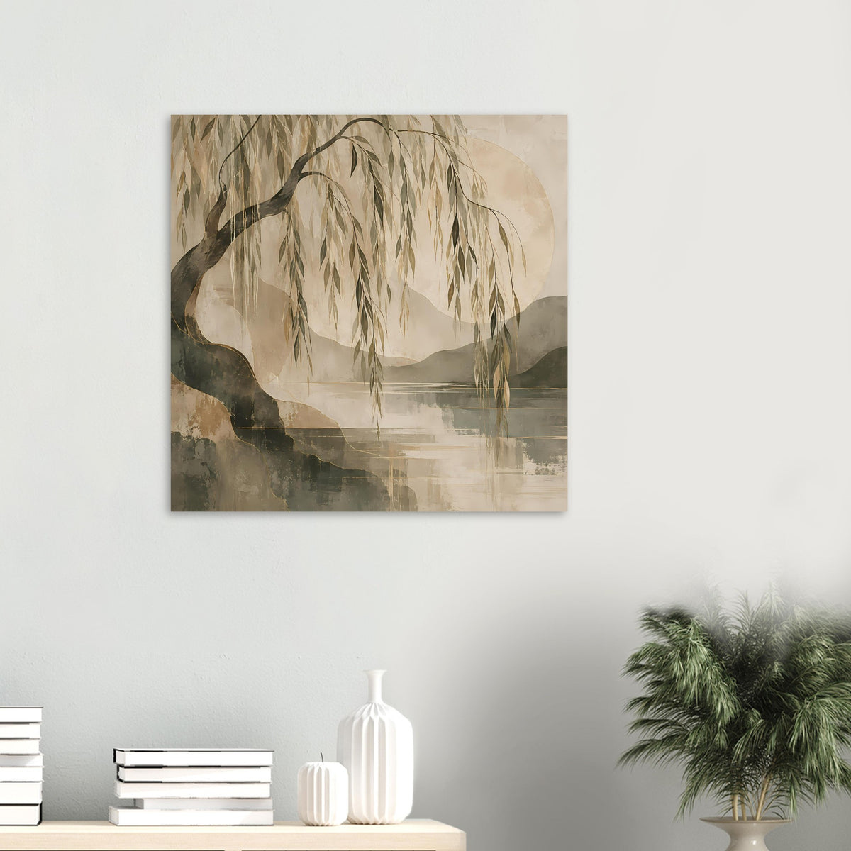 Kleines Artposter im Querformat mit Weidenzweigen und Wasserlandschaft in sandigen Erdtönen