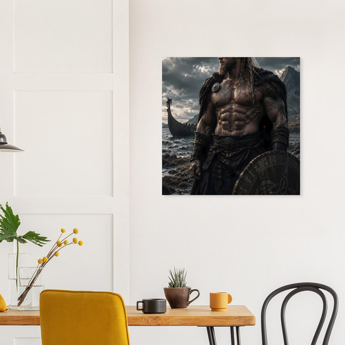 Fantasy-Poster mit Wikingerkrieger, dunklem Gewand und Rundschild unten im Bild