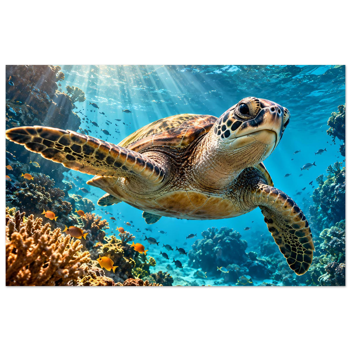 Meeresschildkröten-Poster im Querformat: Schildkröte unter Wasser über Korallenriff, blaue Tiefe