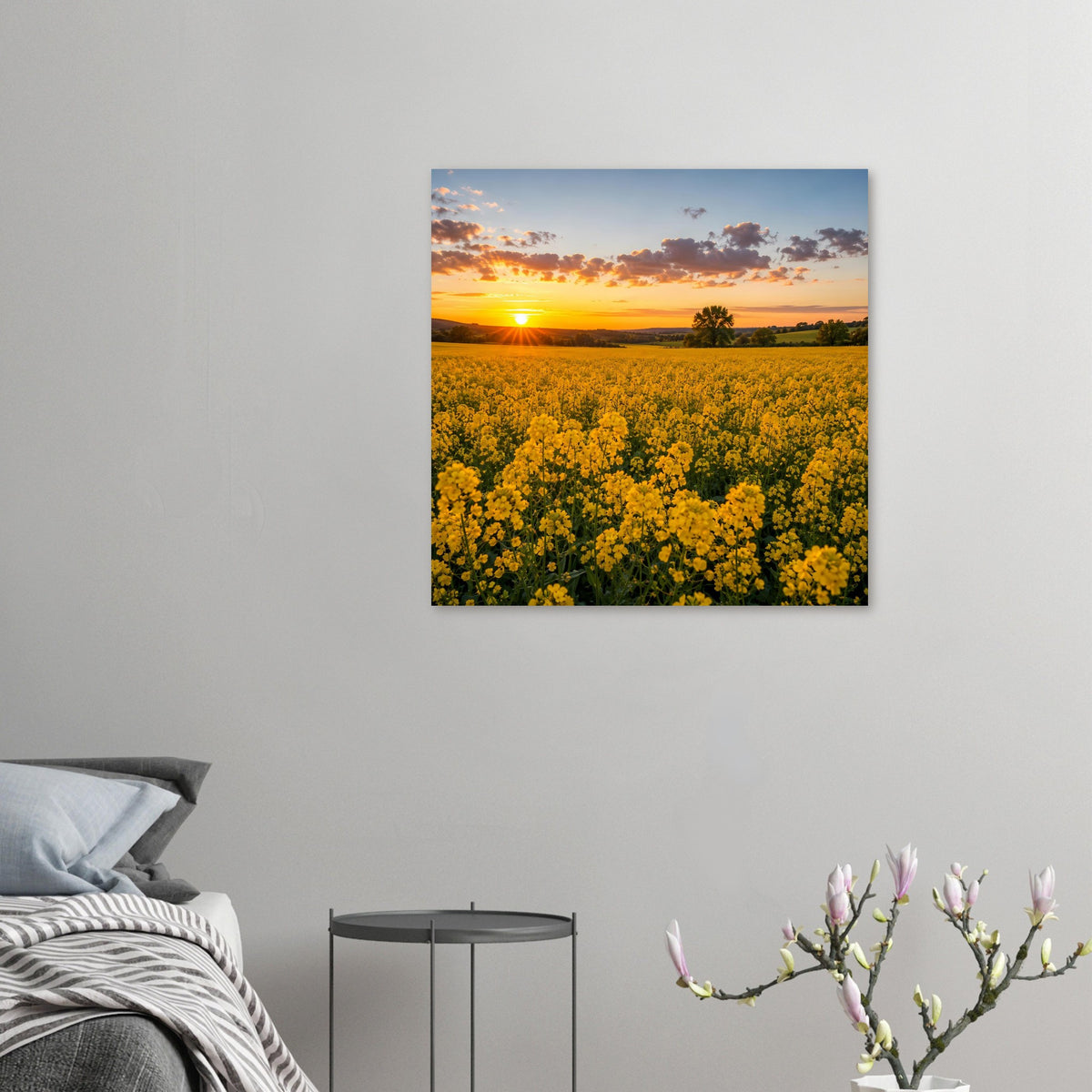 Landschaftsposter mit gelben Blütenfeldern im Sonnenuntergang im Rahmen