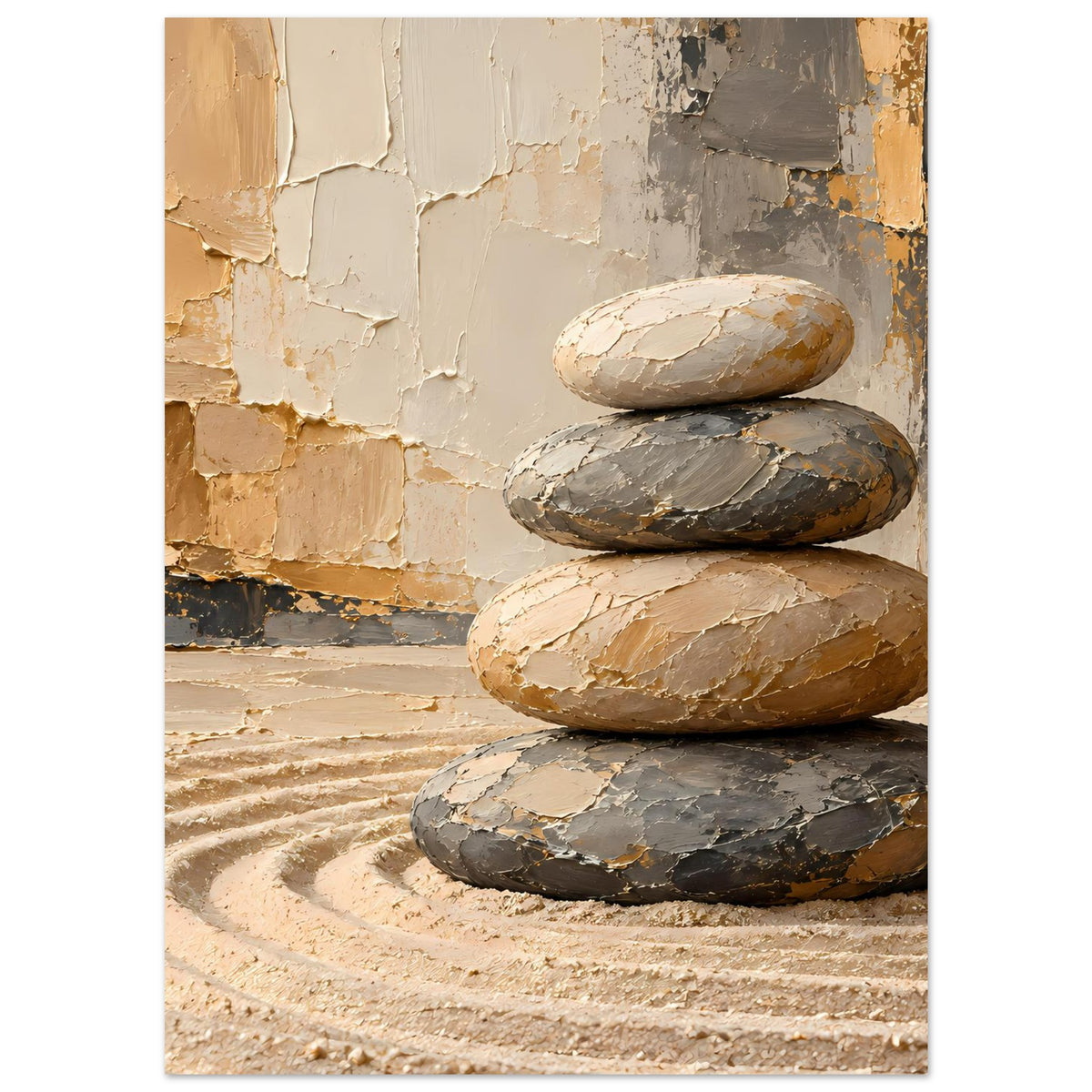 Zen-Poster im Hochformat mit Stapel aus vier Flachsteinen, warm und naturfarben