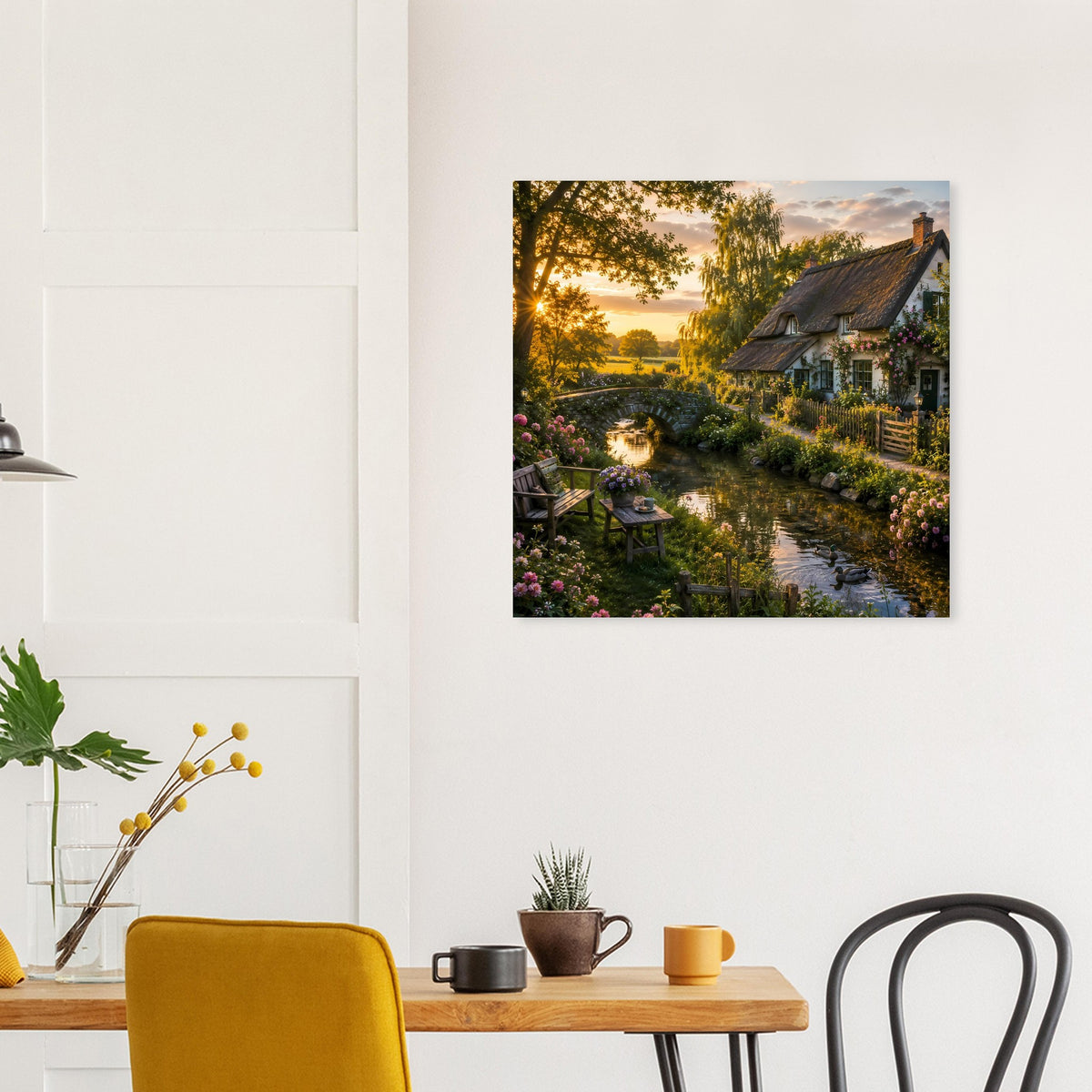 Quadratisches Poster mit Landhaus im warmen Abendlicht und Gartenweg