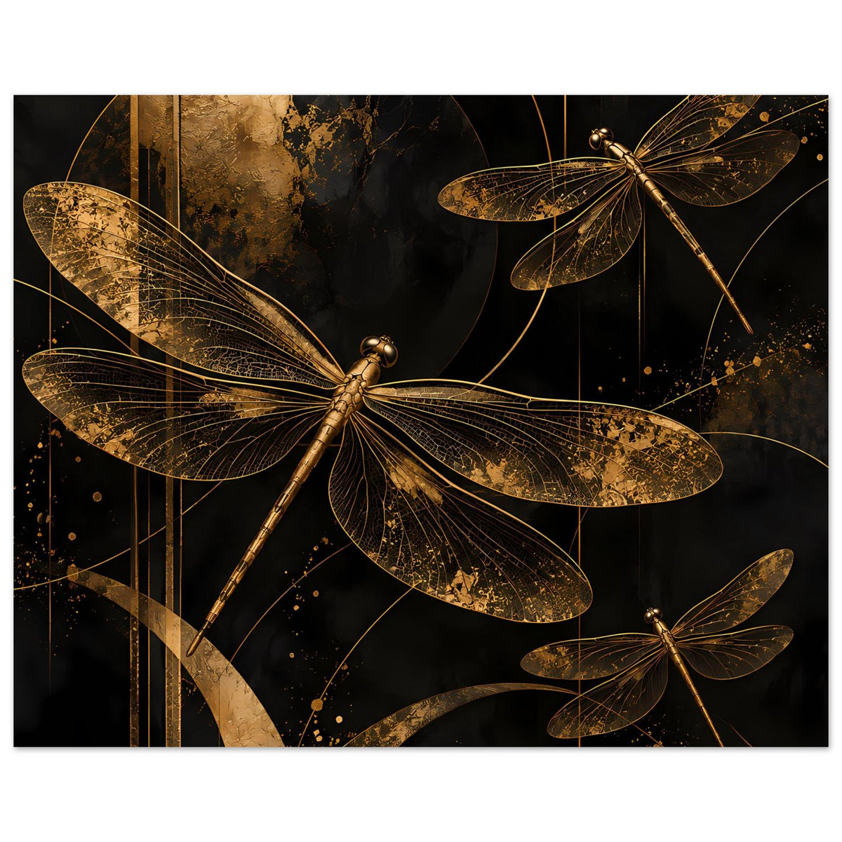 Breitformatiges Poster mit goldenen Libellen, mehrere Motive und abstrakte Elemente im Hintergrund