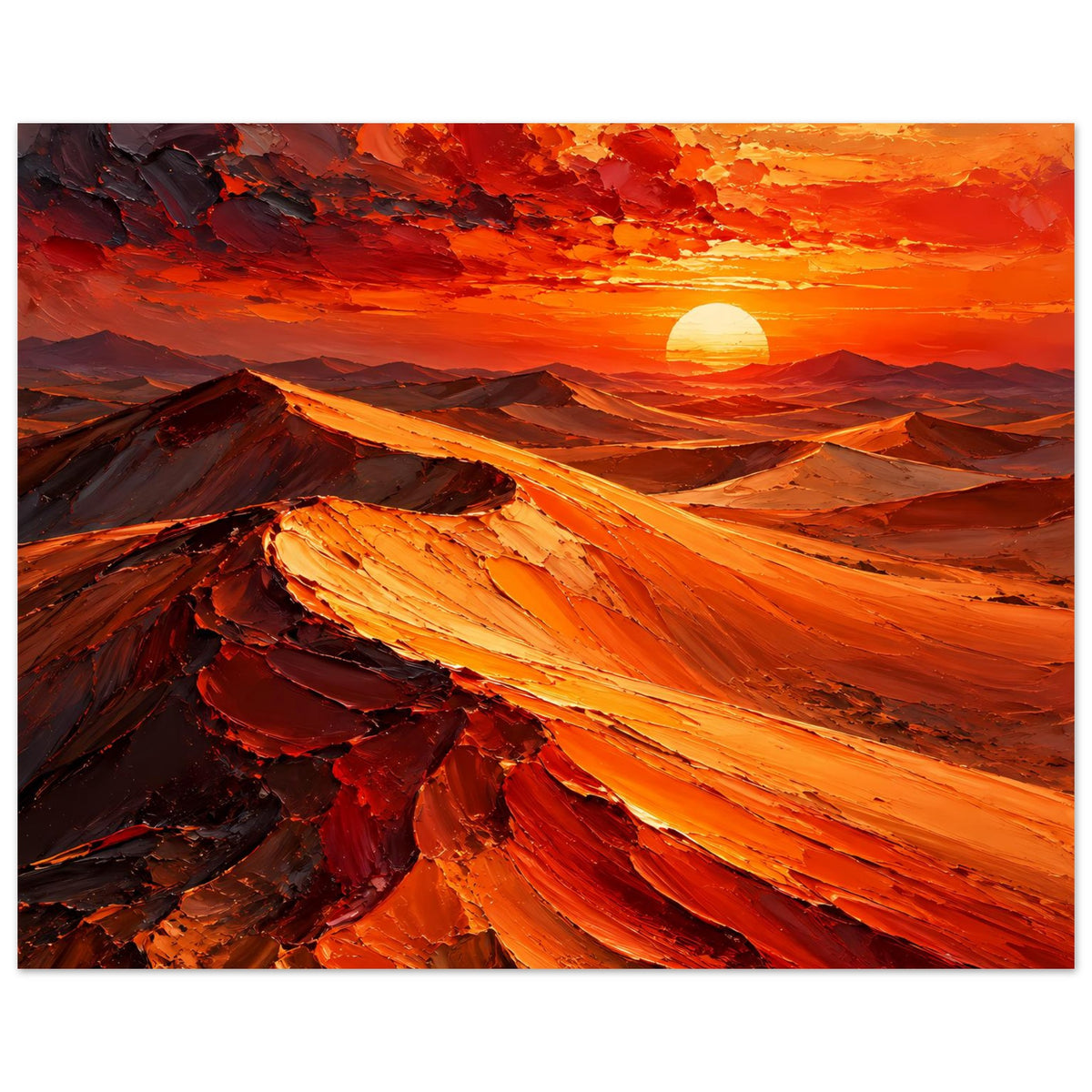 Poster mit Wüstenlandschaft: orange Sonne über rot-orangen Dünen, detaillierte Felsstrukturen