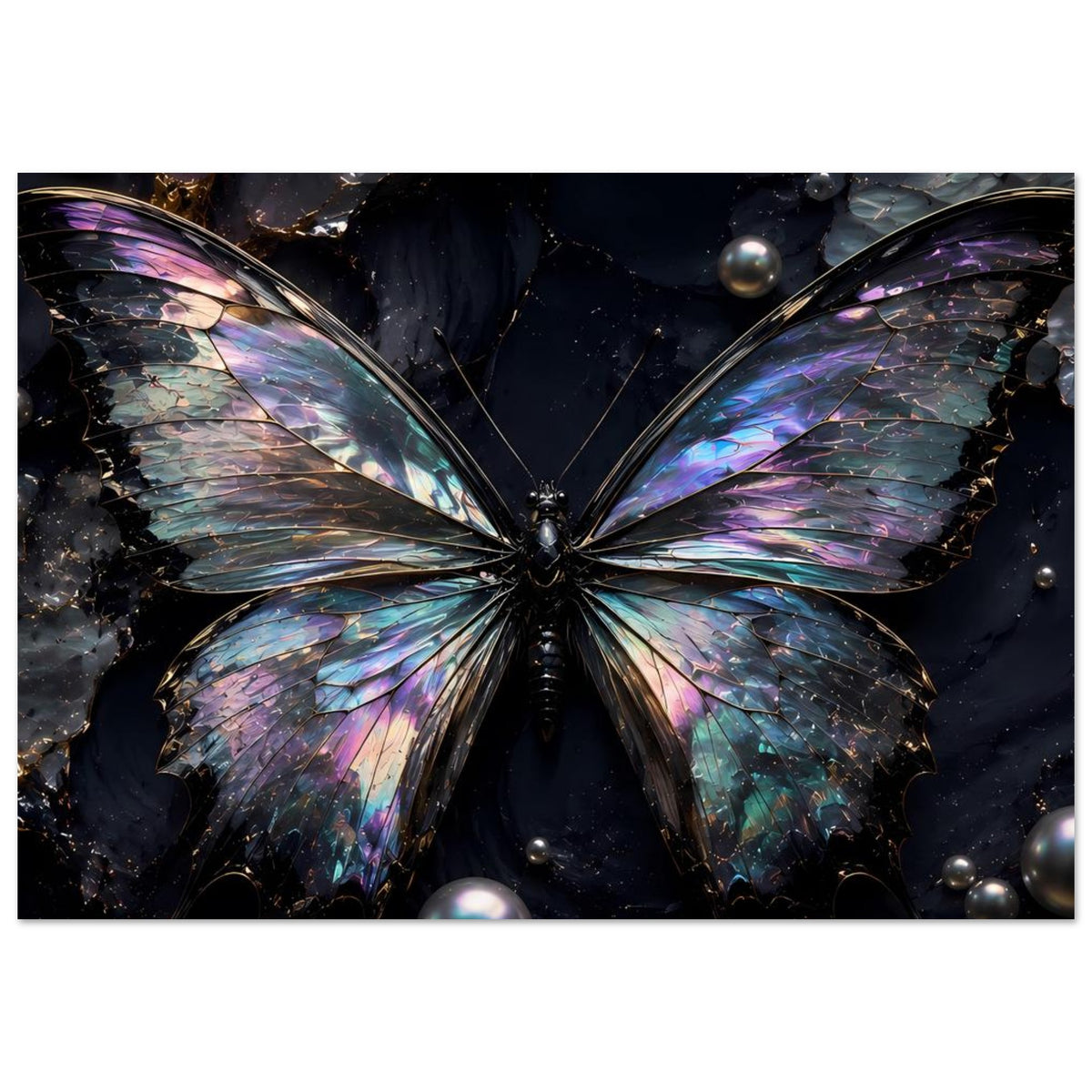 Schmetterling-Poster mit schillernden Flügeln und zentralem Flügelpaar, umgeben von kleinen Kugeln.