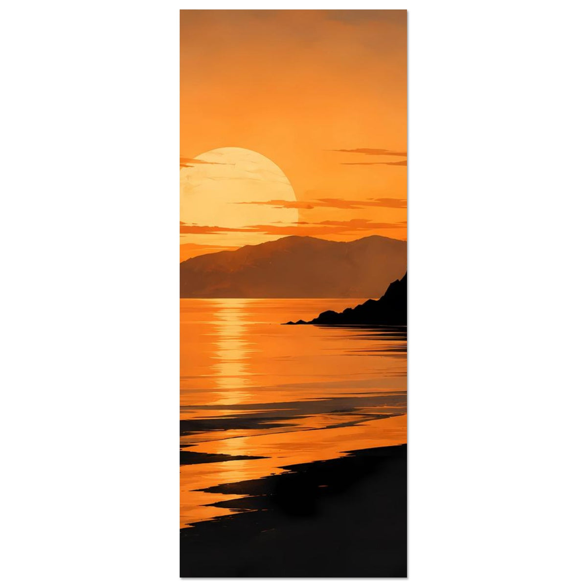Küstenposter im Hochformat mit Sonnenuntergang über Meer und Strand