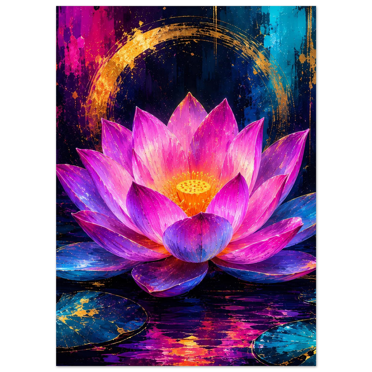 Vertikales Blumenposter mit Lotusblüte in Rosa/Violett und goldenem Bogenmotiv