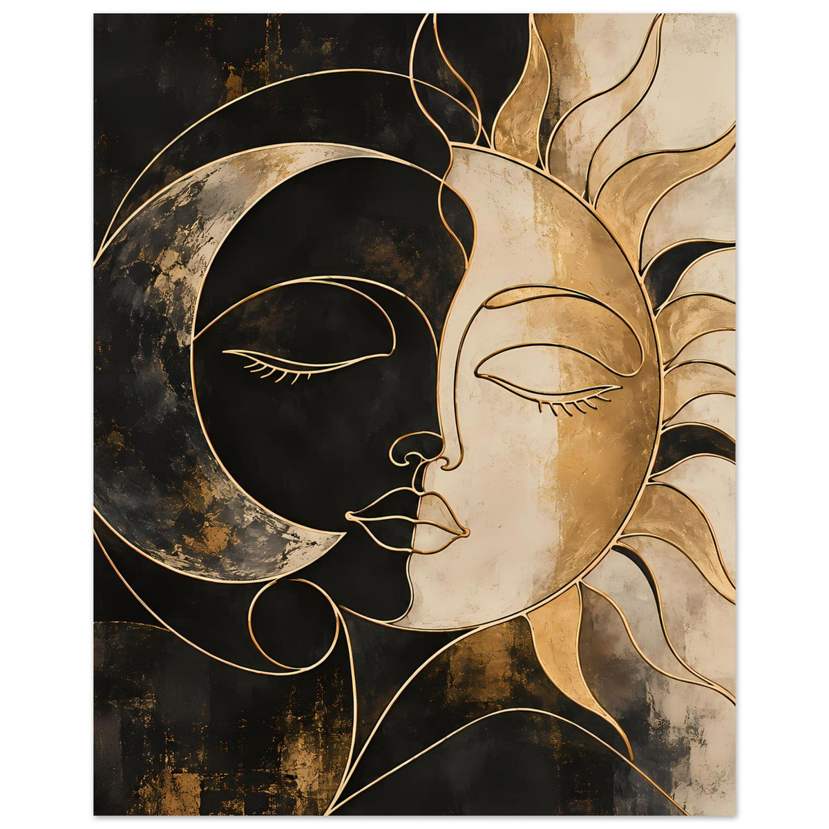 Kunstposter mit zwei Gesichtern im Halbkreis: Mond links dunkel, Sonne rechts hellgold