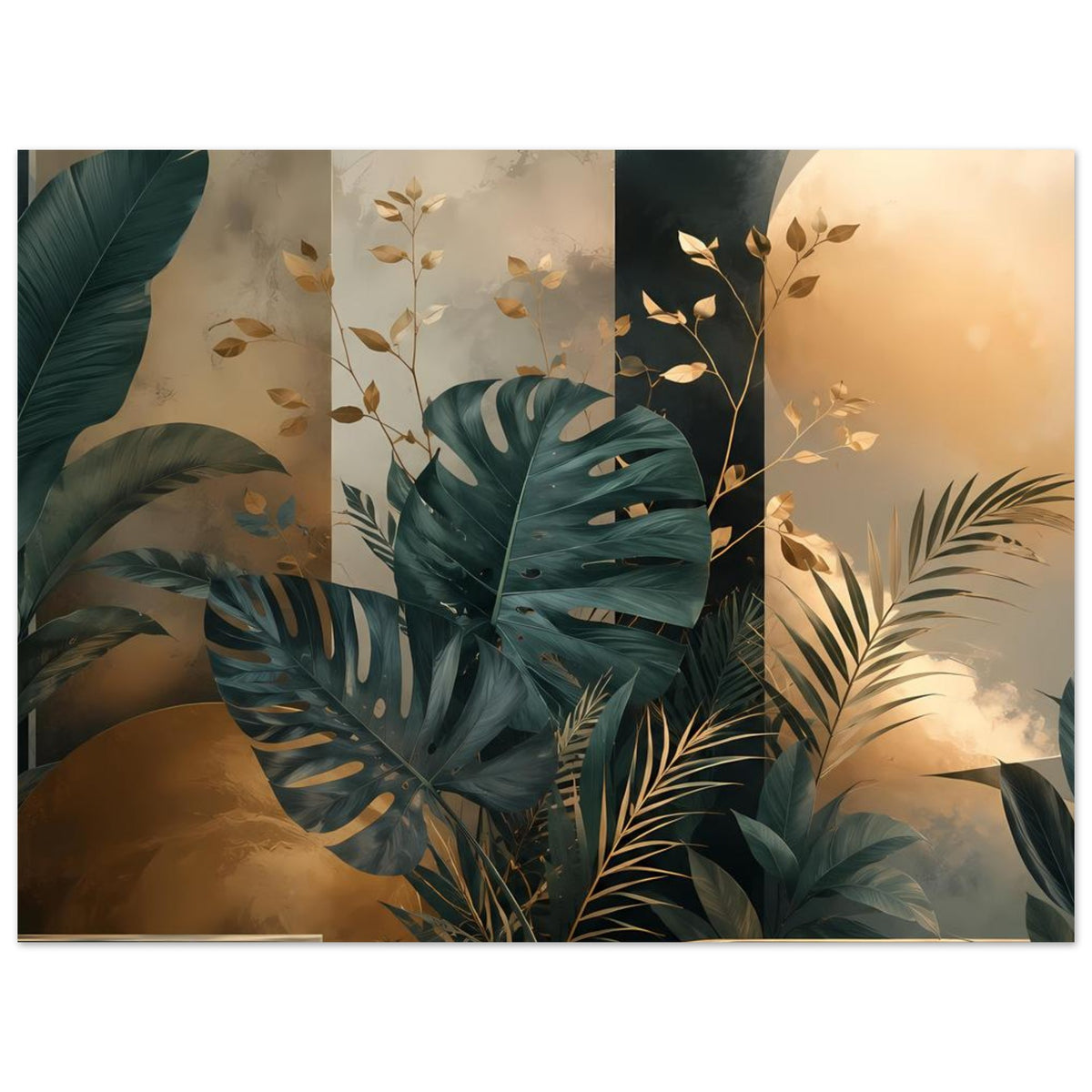 Wandposter mit Monstera und Palmenwedeln sowie goldenen Blättern in Petrolgrün.