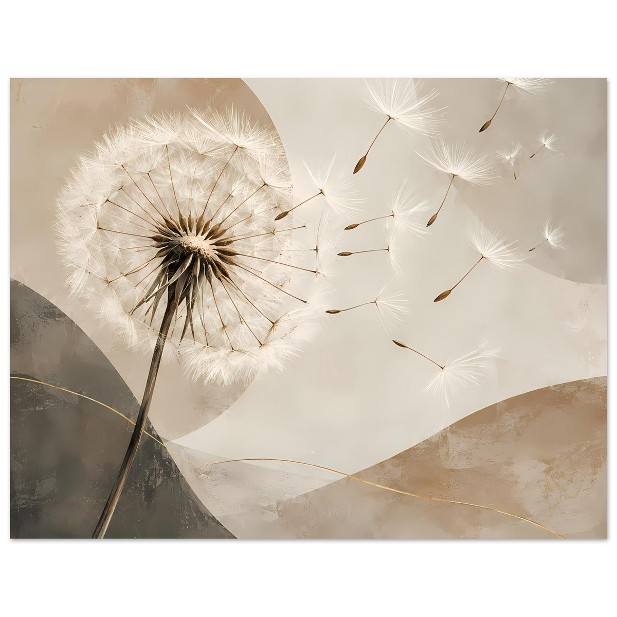 Poster mit Pusteblume, Beige-Grau und Creme, goldene Linien, feine Samen