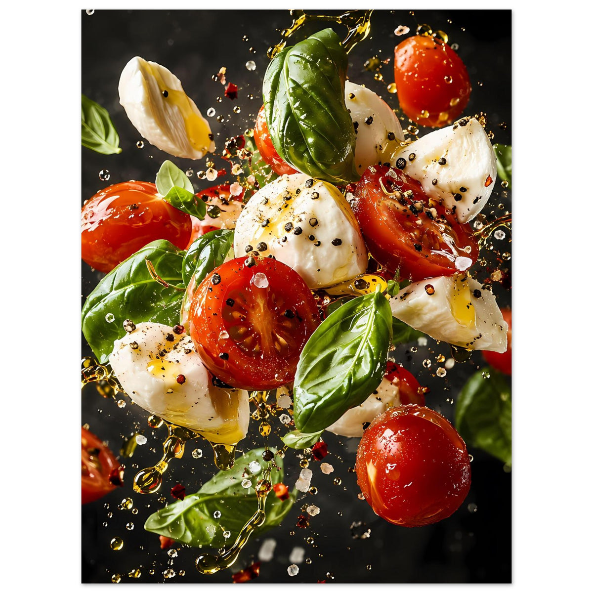Caprese-Salat-Poster im Hochformat: Tomaten, Mozzarella, Basilikum und feine Würzchen.